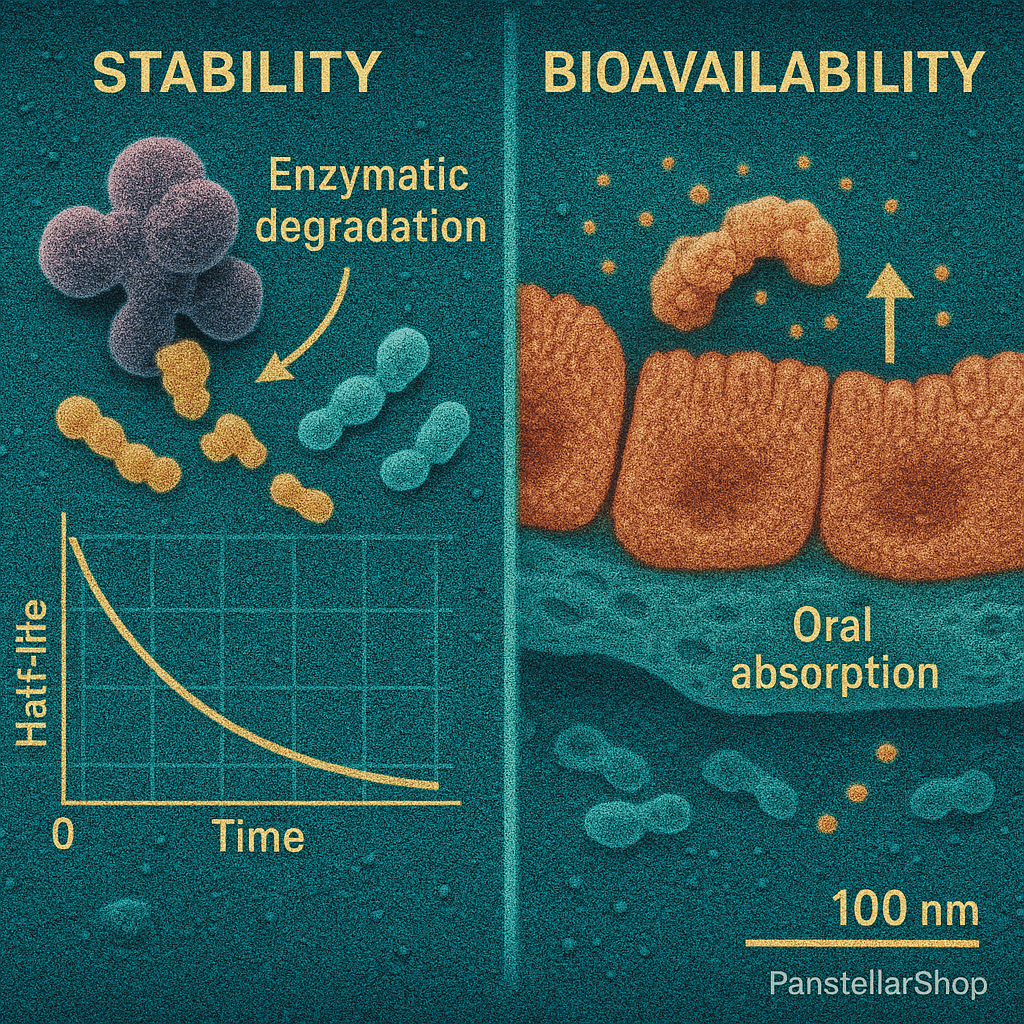 A false‑color electron micrograph–style illustration divided into two panels by a thin vertical line. In the left “Stability” panel, a large purple enzyme cleaves teal peptide chains into smaller yellow fragments, with a yellow downward arrow labeled “Enzymatic degradation” pointing toward an inset line graph showing a yellow curve of peptide half‑life declining over time. In the right “Bioavailability” panel, an orange‑brown layer of intestinal epithelial cells blocks most teal peptide fragments while only a few cross into a blue sublayer below; a yellow upward arrow indicates “Oral absorption.” A 100 nm scale bar appears at the bottom, and the small signature “PanstellarShop” is in the lower right corner.