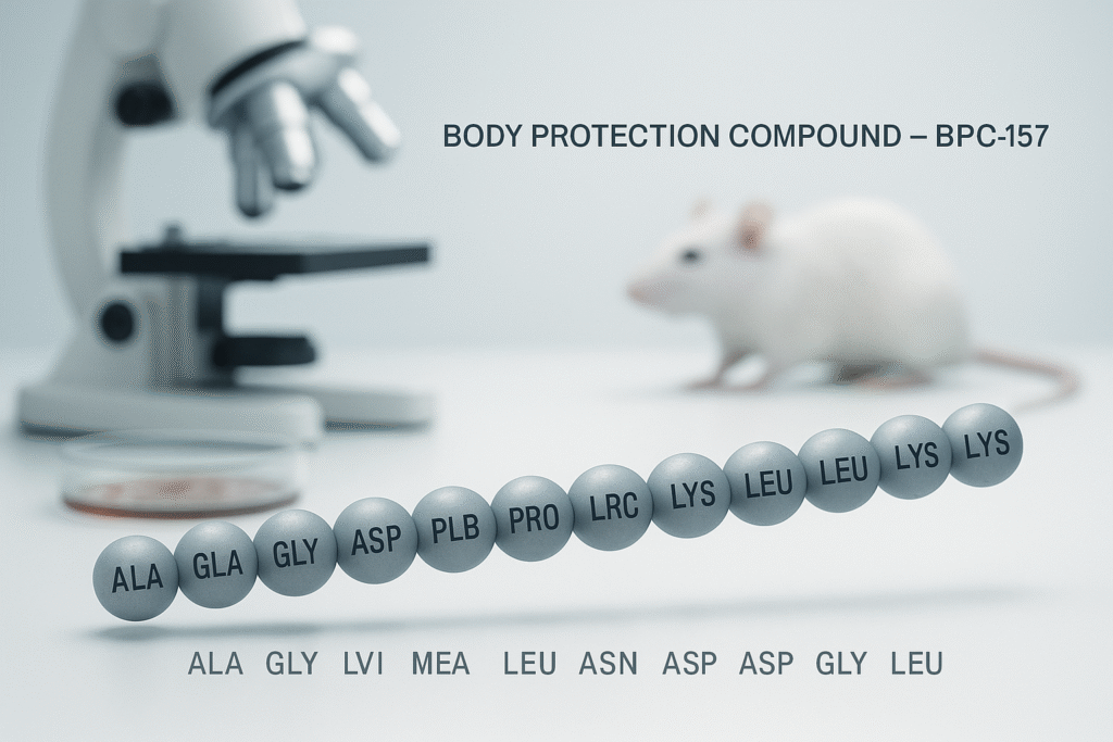 A 3D-rendered laboratory scene featuring a horizontal chain of 15 gray-blue spheres in the foreground, each sphere labeled with an amino acid abbreviation (“ALA,” “GLY,” “LEU,” etc.) to represent the BPC-157 peptide. Above the molecule, centered near the top, is the text “BODY PROTECTION COMPOUND – BPC-157” in a small scientific-style font. Behind the peptide, on the left side, a white microscope and a Petri dish with cell cultures sit on a clean white benchtop, both slightly out of focus. On the right, a lab rat’s silhouette appears blurred against a cool, clinical white background. The overall lighting is bright and neutral, evoking a professional research environment.