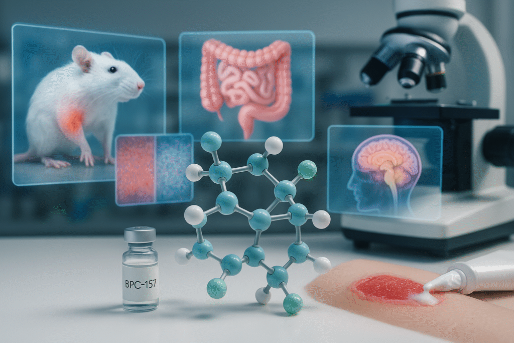 High-resolution lab scene showing a 3D molecular model of BPC-157 (spheres in gray-blue and white) floating at center. Behind it, semi-transparent holographic panels display a rat with a highlighted muscle injury, a digestive tract illustration, a cross-section of inflamed versus normal tissue, and a brain scan. To the left, a microscope is in soft focus; to the right, a healing skin wound is being treated with ointment. A small glass vial labeled “BPC-157” sits in front of the molecular model, all under cool, clinical lighting