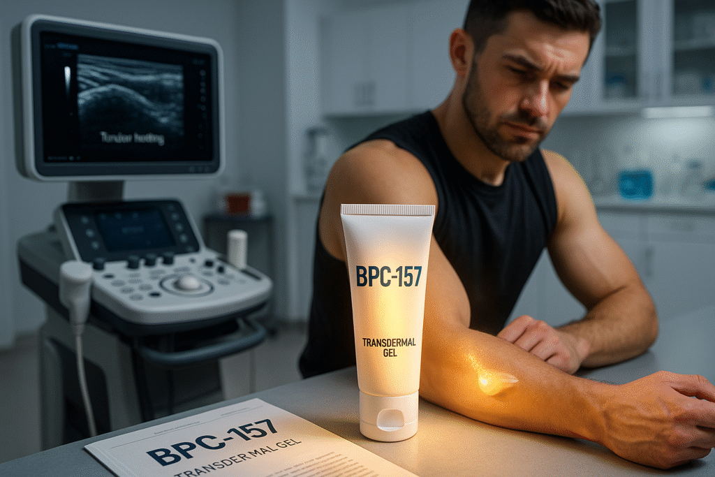 A clinical consultation room scene showing a glowing tube labeled “BPC-157 Transdermal Gel” placed in the foreground. A small dab of gel is applied to a patient’s forearm, where the skin is slightly reddened and illuminated by a soft golden light. In the background, a high-resolution ultrasound machine displays a healing tendon image, and a focused, contemplative patient wearing a sleeveless shirt sits at the exam table. The overall atmosphere is clean, modern, and softly lit, emphasizing the gel’s potential for promoting tissue repair.