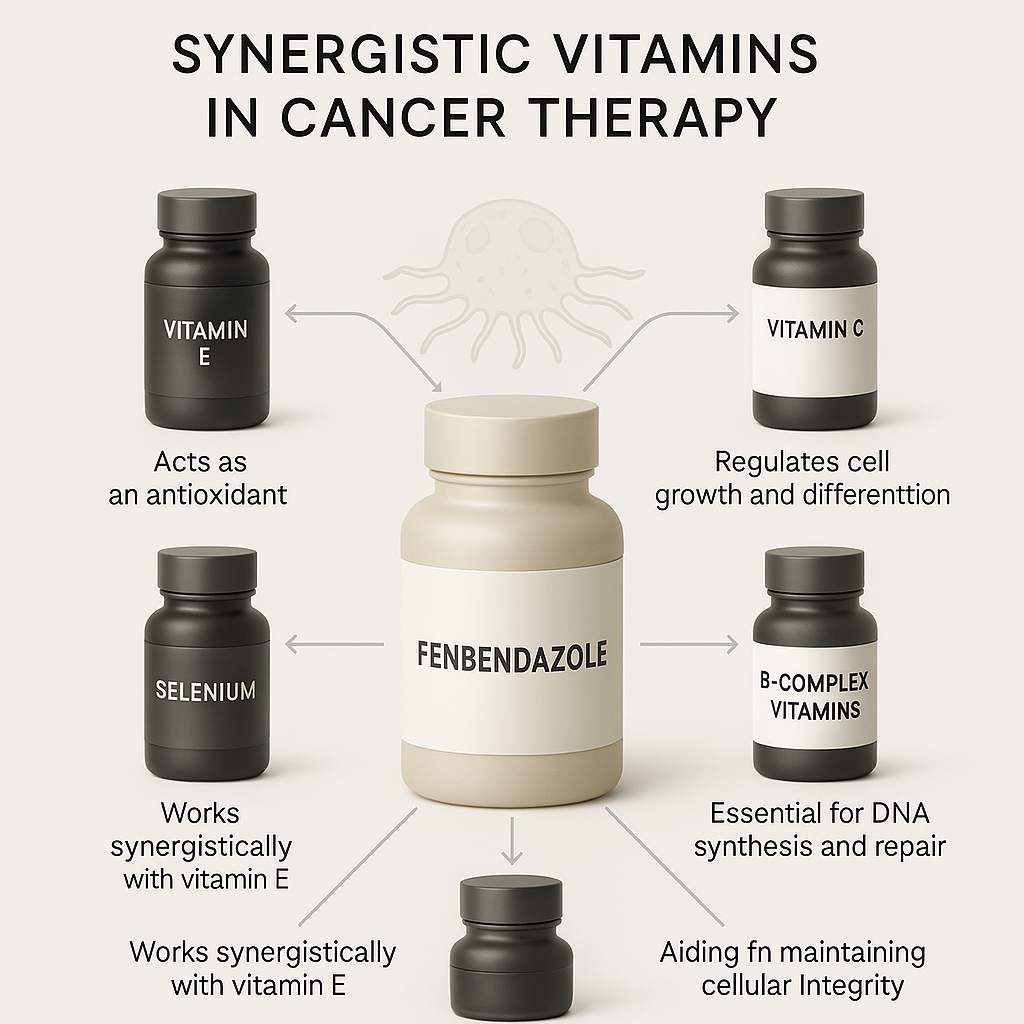 High-resolution photograph of five vitamin supplement bottles labeled Vitamin E, Vitamin D3, Vitamin C, B-Complex, and Selenium, arranged neatly on a reflective surface with soft lighting, representing synergistic nutrients paired with fenbendazole in cancer support.